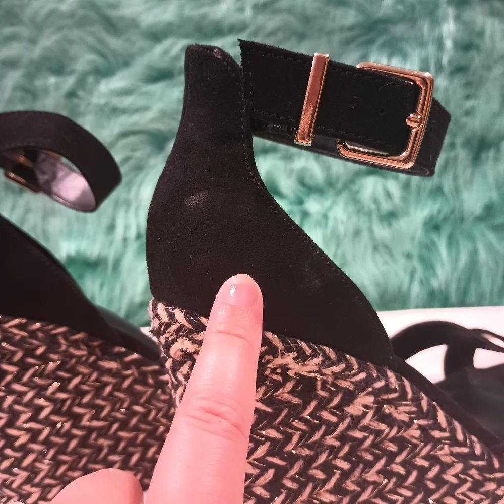 Express Espadrille Black and Tan Open Toe Ankle Strap High Wedge Sandals Size 9